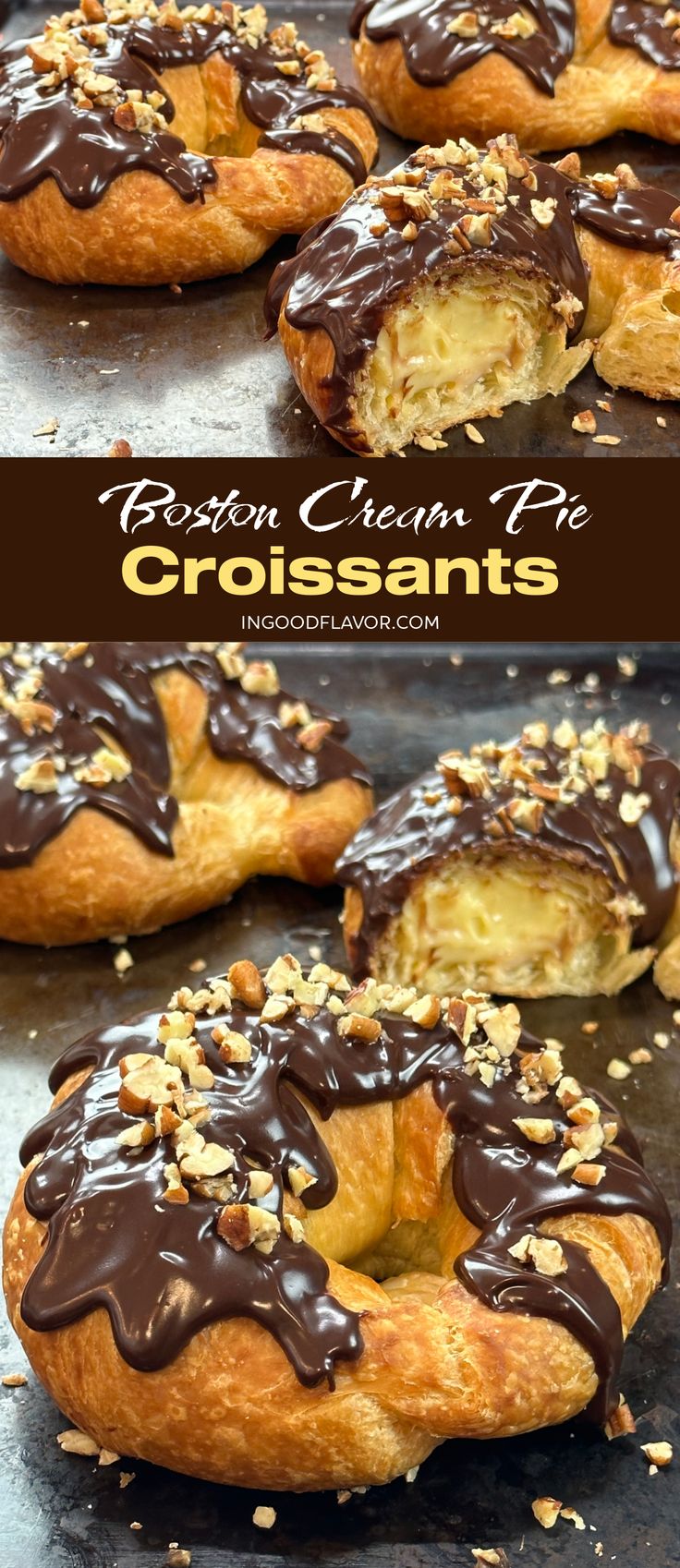 Boston Cream Pie Croissants Boston Cream Pie Croissants, Cheesecake Stuffed Croissants, Custard Filled Croissant, Boston Cream Puffs, Sweet Croissant Fillings, Homemade Crissonts Recipe, Croissant Snack Ideas, Flavored Croissant Recipe, Cream Filled Croissants