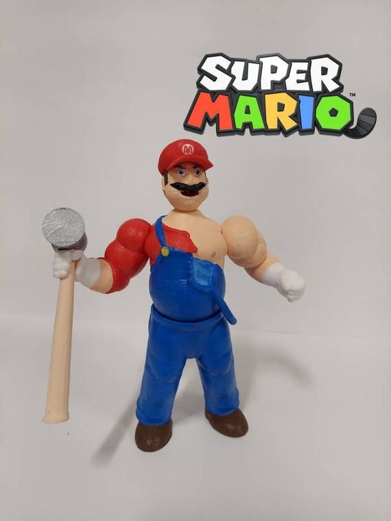 an action figure is posed with a baseball bat and glove in his hand, which says super mario