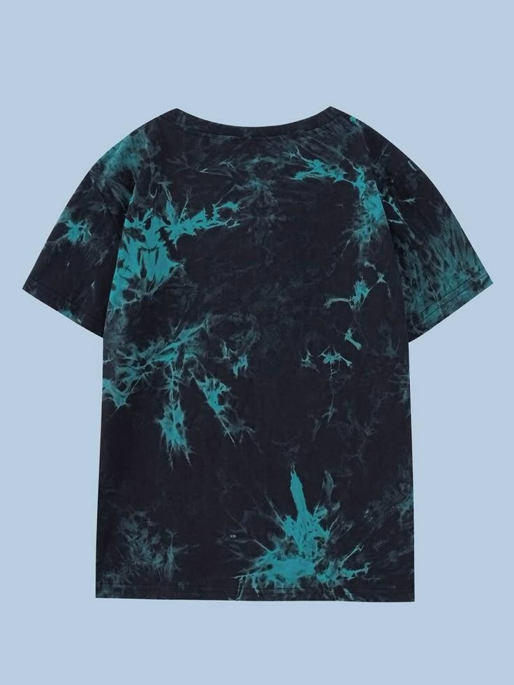 a black t - shirt with blue and green paint splattered on the front