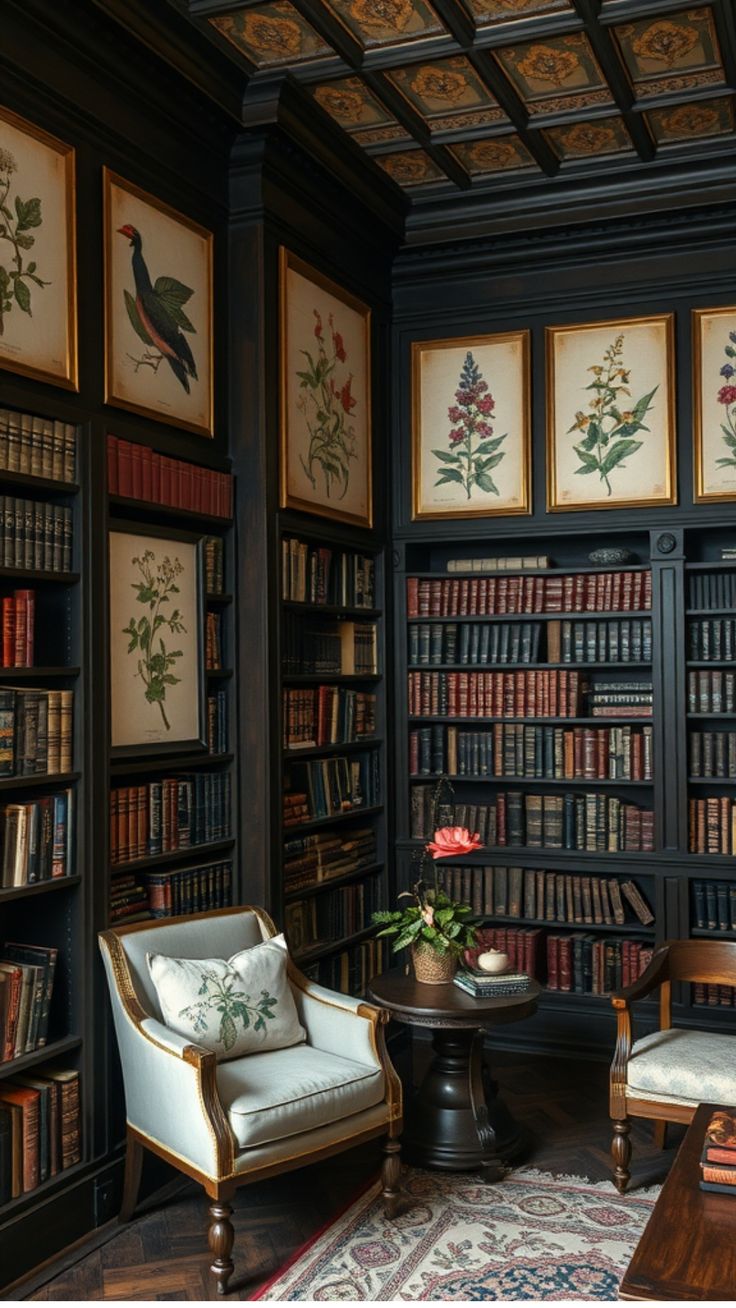 Cozy library corner with dark wooden bookshelves, botanical illustrations, and an armchair with a floral cushion. Green Library Bedroom, Aesthetic Old Library, Dark Academia House Inside, Dark Cottagecore Interior Design, Reading Nook Dark Academia, Gothic Contemporary Interior, Old Money Library Aesthetic, Room Inspiration Dark Academia, Black Bookshelf Aesthetic