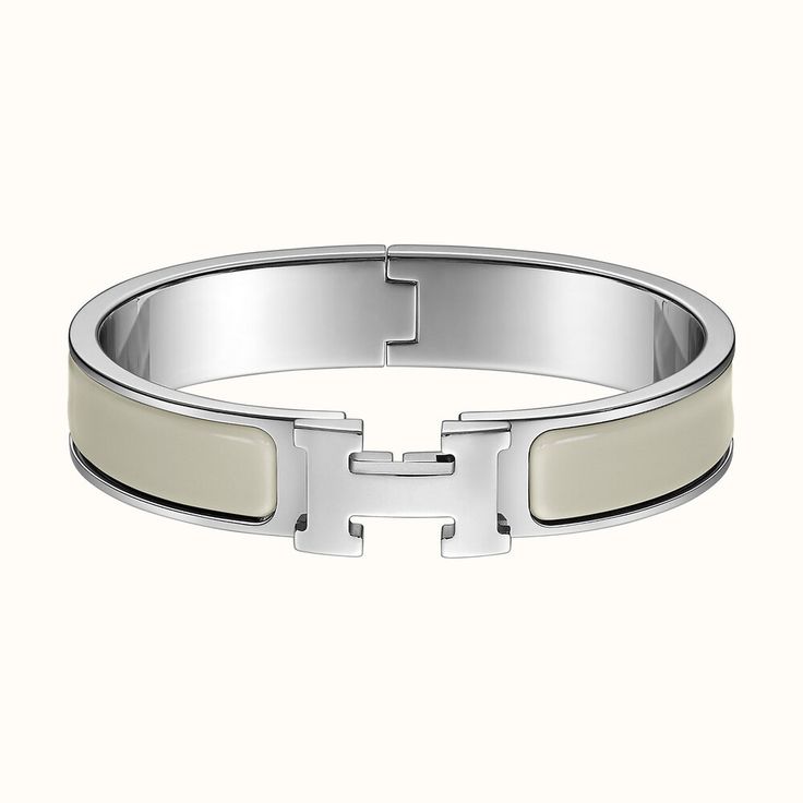 Hermes Clic H Bracelet in CraieNarrow bracelet in enamel with palladium plated hardware.   	P H Bracelet, Hermes Bracelet, Hermes Jewelry, Enamel Bracelet, Silver Enamel, White Enamel, Small Leather Goods, White Silver, Silver Bracelets