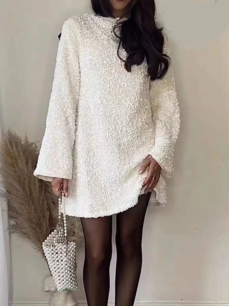 Sequined Minidress White Mini Dress For Winter Evening, White Evening Dress For Winter, White Winter Evening Dress, White A-line Winter Dress, White A-line Mini Dress For Winter, Chic Mini Dress With Crew Neck For Party, Chic Crew Neck Mini Dress For Party, Fall Party Dress With Crew Neck, Chic Crew Neck Winter Dress