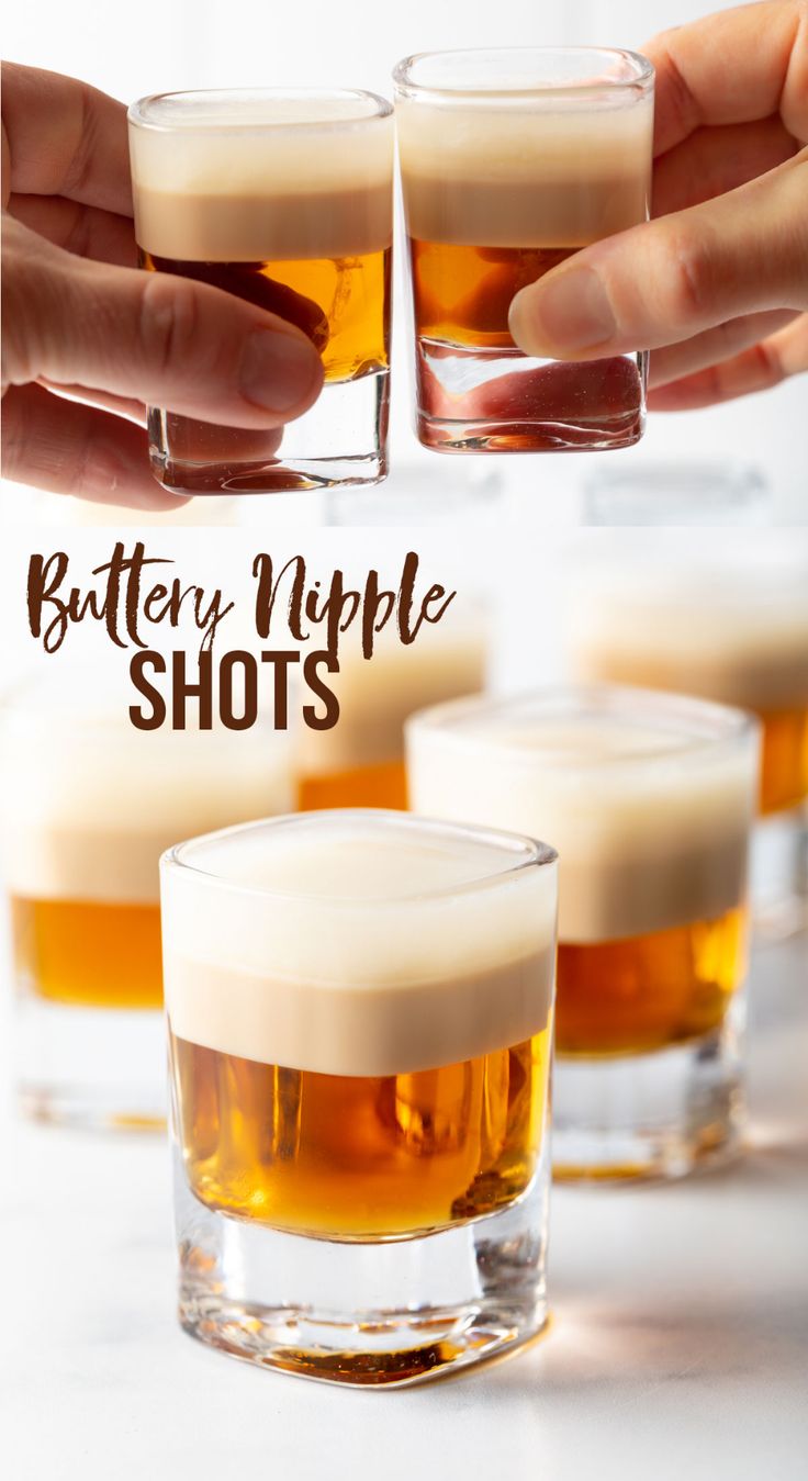 two shots being filled with different types of liquid and one has the words buttery ripple shots