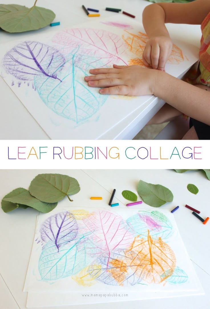 two pictures with leaves and crayons on them, one has a child's hand