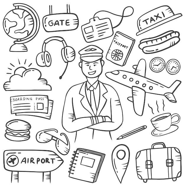 a black and white drawing of an airport worker surrounded by travel related items, such as luggage