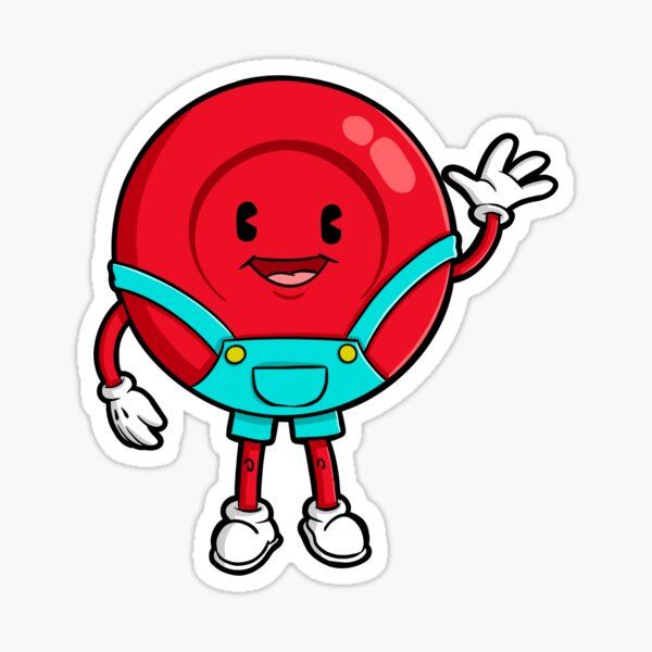 a red cartoon character wearing overalls and holding his hands in the air with one hand