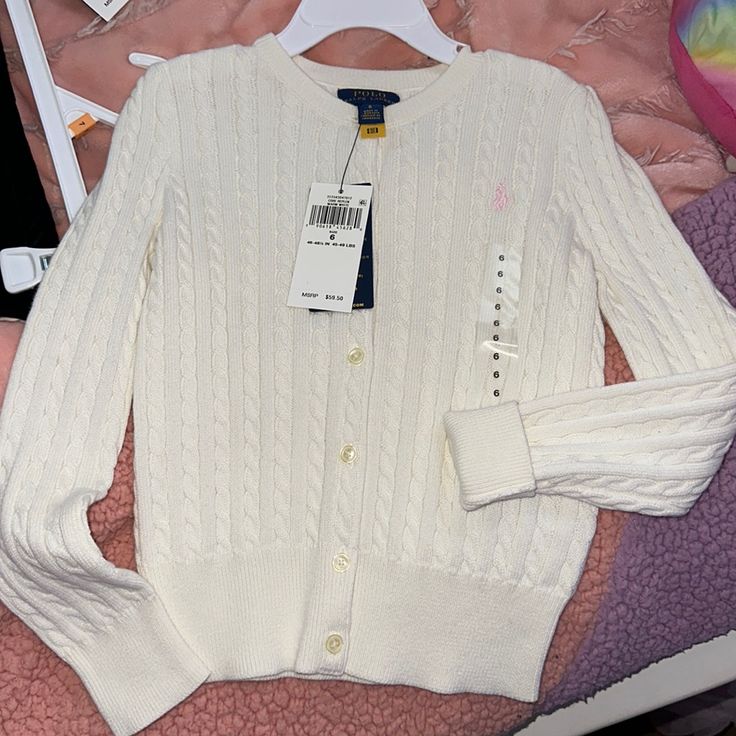 Polo Ralph Lauren - Toddler Cardigan - Cream Color - Size: 6 -7 - Excellent Condition Cute White Crew Neck Cardigan, Preppy Long Sleeve Cotton Cardigan, White Winter Cardigan For School, Preppy Cotton Cardigan With Long Sleeves, Preppy White Cardigan For Fall, Preppy Long Sleeve Fitted Sweater, Preppy Fitted Long Sleeve Sweater, White Preppy Cardigan For Fall, Fitted Long Sleeve Preppy Sweater