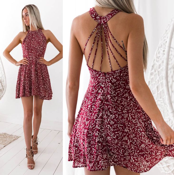 2018 Sexy Hanging Neck Backless Print Dress Casual Short Dresses, Red Backless Dress, White Maxi Dress Boho, Cherry Print Dress, Long Sleeve Navy Dress, Short Beach Dresses, Backless Dress Summer, Short Dress White, Gaun Fashion