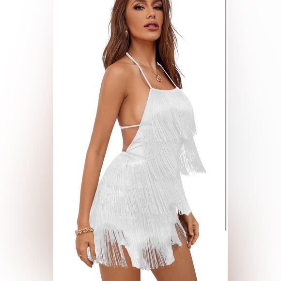 White Backless Modern/Fitted Dress Sexy Fringe Rompers For Women, Halter, Spaghetti Strap, Backless, Tassel Hem, Strappy High Waist Short Jumpsuit Are Soft And Comfortable Fabric 95% Polyester, 5% Spandex Discounted Shipping Free Gift With Every Purchase Brand New Bundle Discount Available Pet Free Smoke Free House Next Day Shipping Send Me Your Questions And Offers. ** Be Sure To Check Out My Closet For Daily Deals And Bundle Offers* White Mini Dress With Built-in Bra For Party, White Backless Dress For Summer Night Out, Fitted Backless Beachwear Dress For Party, White Backless Dress With Spaghetti Straps, White Flirty Backless Dress With Spaghetti Straps, Fitted Backless Dress For Beach Party, Flirty White Spaghetti Strap Backless Dress, White Halter Neck Club Dress, White Club Dress With Spaghetti Straps