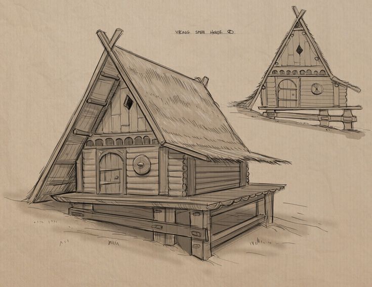 two drawings of small houses made out of wood