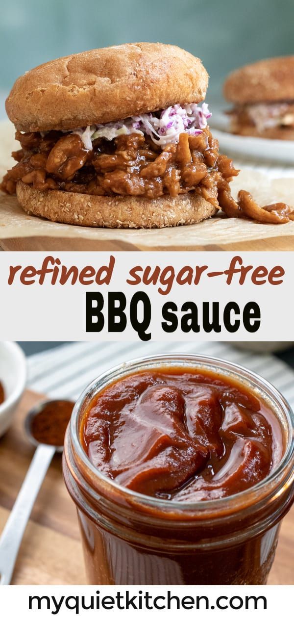 bbq sauce in a jar next to a sandwich with the words refried sugar - free bbq sauce