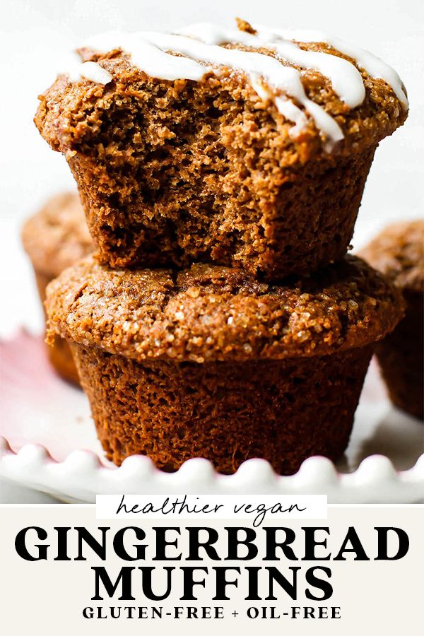 a close up of some muffins on a plate with the words, healthier vegan gingerbread muffins gluff - free + oil - free