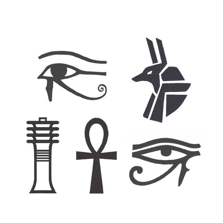 egyptian symbols are shown in black and white, with an eye on the left side