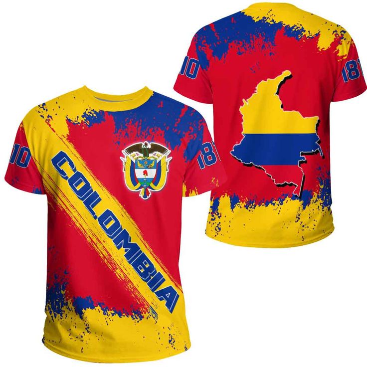 Colombia Founded Brush Style T Shirt Printed Short Sleeve T-shirt For Sports Events, Sports Jersey T-shirt With All Over Print, Sporty Yellow T-shirt With Sublimation Print, Sports Printed T-shirt, Sporty Printed T-shirt For Sports, Graphic Tee With All Over Print For Fans, Casual Sports T-shirt With All Over Print, Sporty Short Sleeve T-shirt With All Over Print, Sporty Printed T-shirt