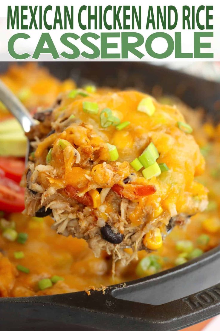 mexican chicken and rice casserole in a cast iron skillet with a spoon