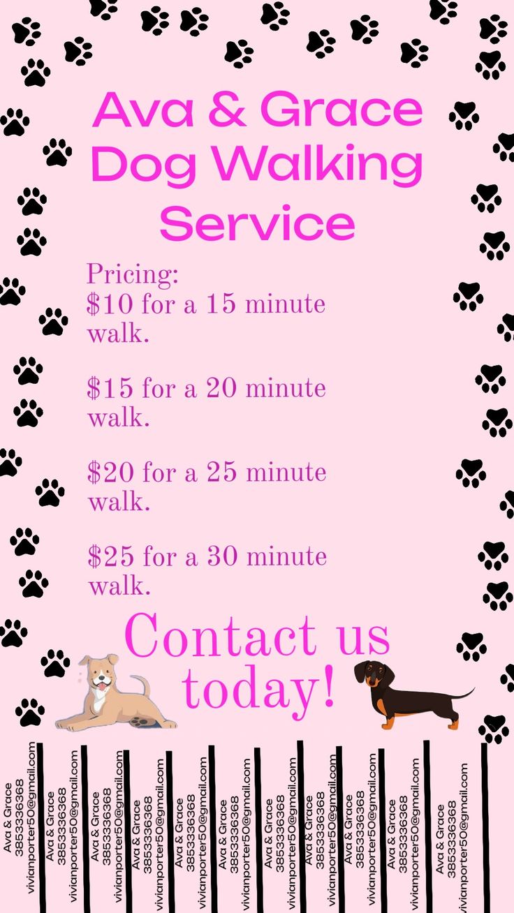 a pink poster with black and white dogs on it's side, says ava & grace dog walking service