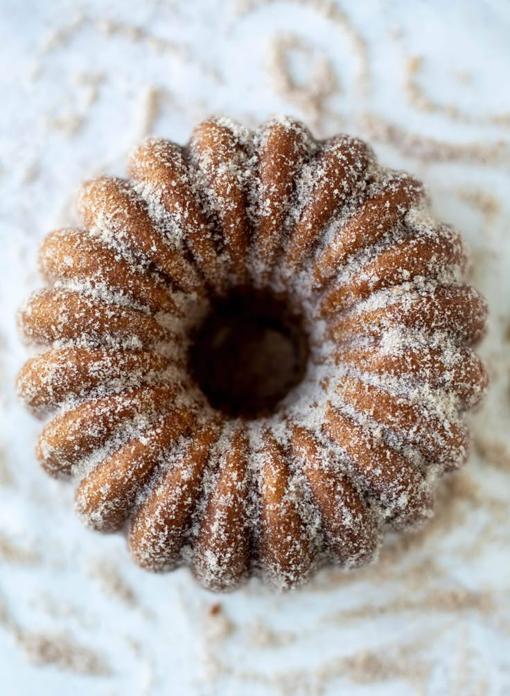 a bundt cake covered in powdered sugar on top of a white tablecloth