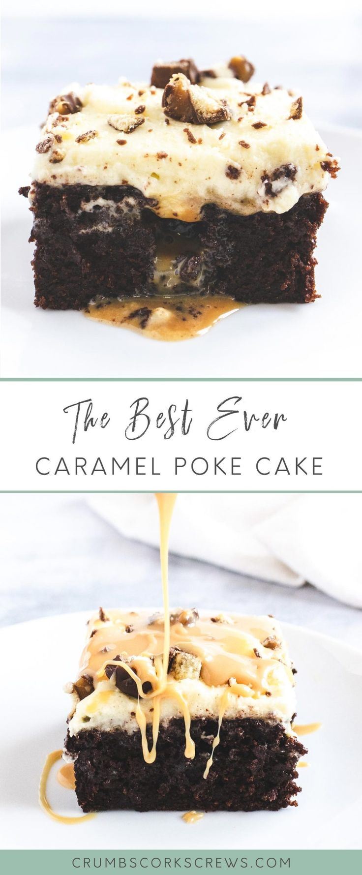 the best ever caramel poke cake is made with chocolate and marshmallows