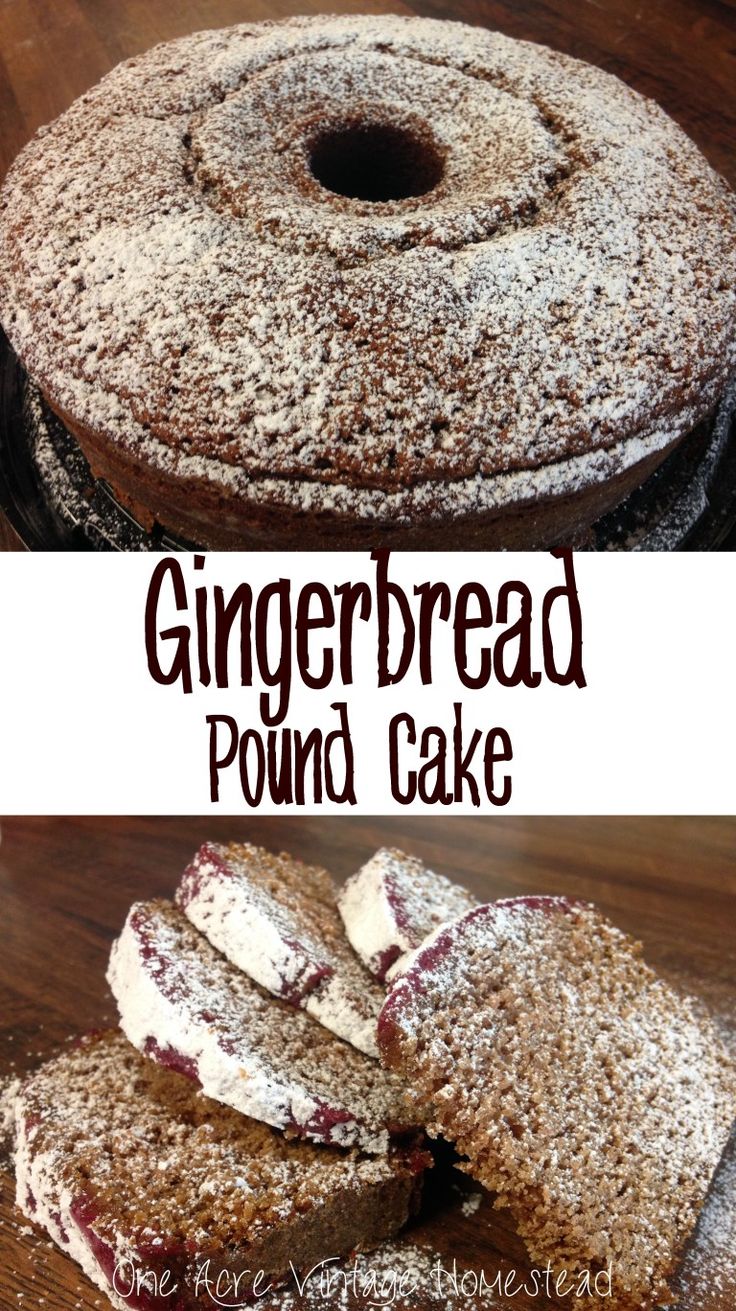 there is a cake with powdered sugar on it and the words gingerbread pound cake