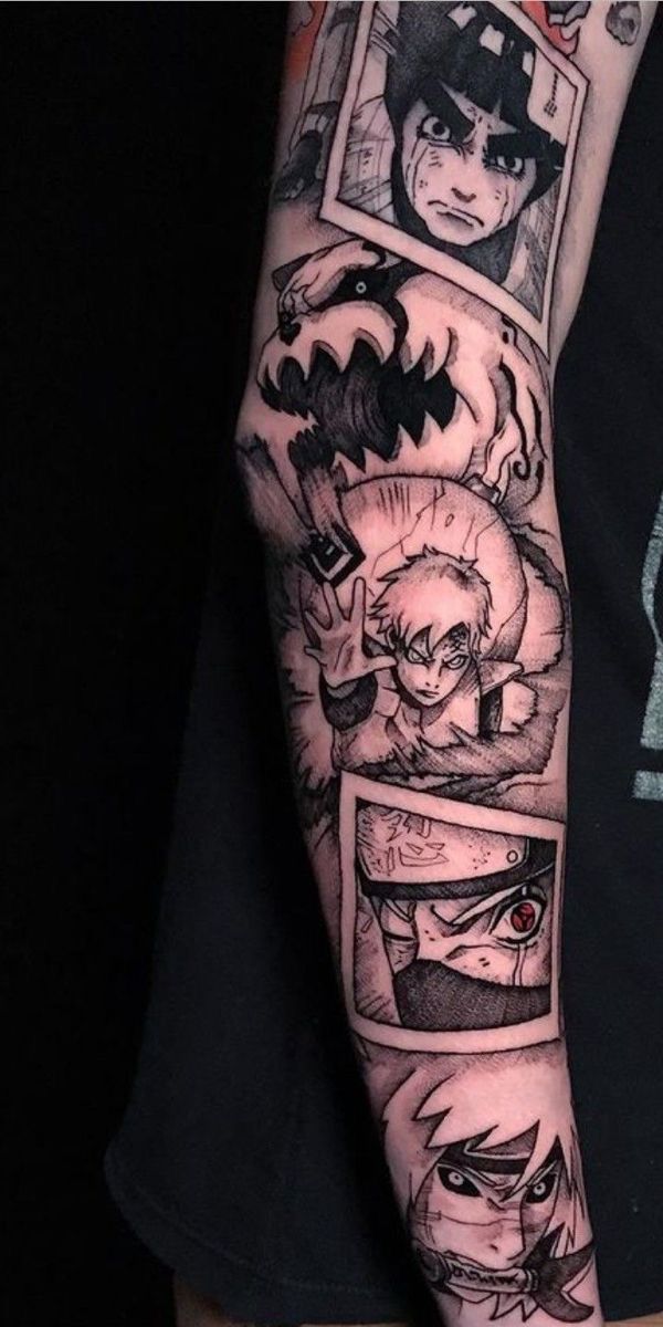 a man's arm with many pictures on it and an anime character in the middle