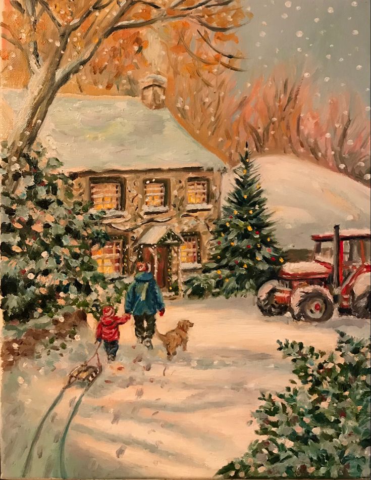 a painting of a man and child walking their dog in the snow near a house