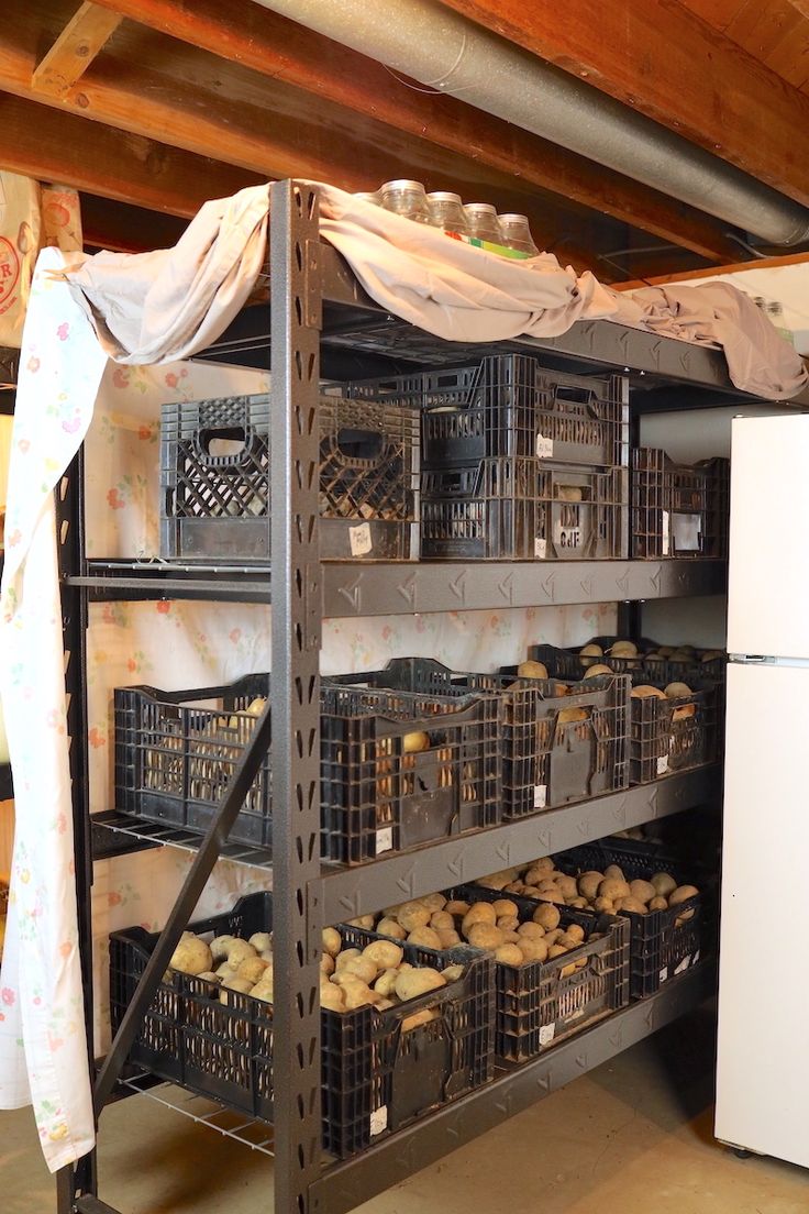 the shelves are filled with baskets and food