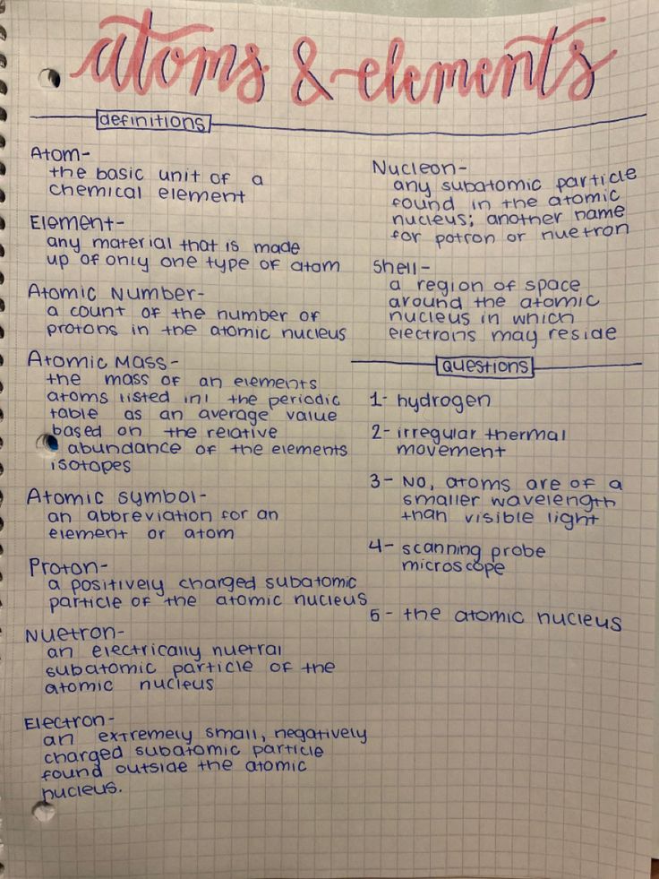 an open notebook with writing on it that says, atomic & elements and the number of protons in each element