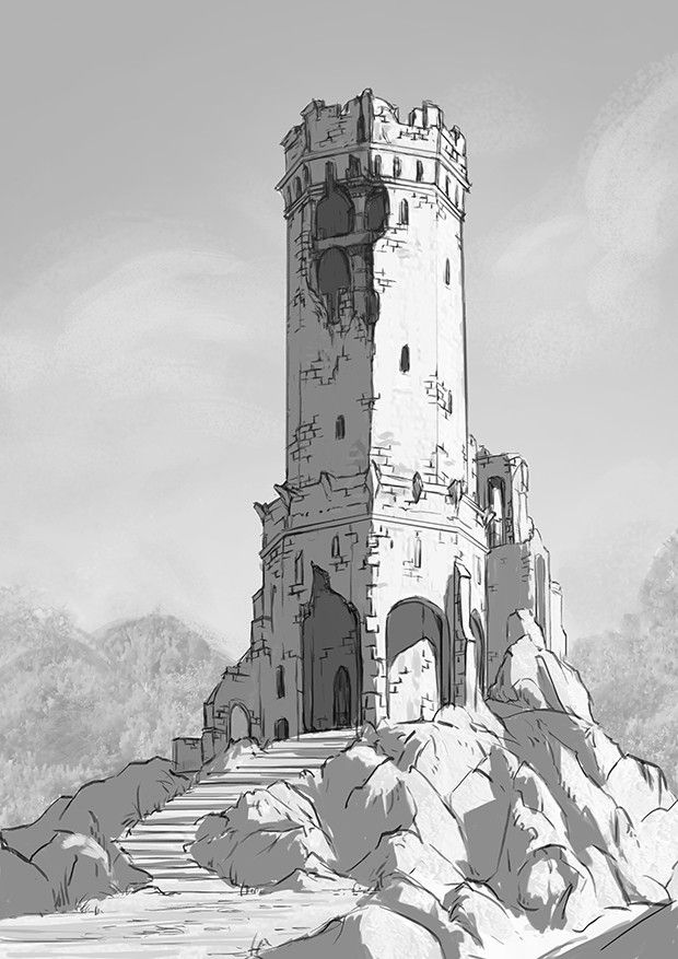 a black and white drawing of a castle on top of a hill with stairs leading up to it