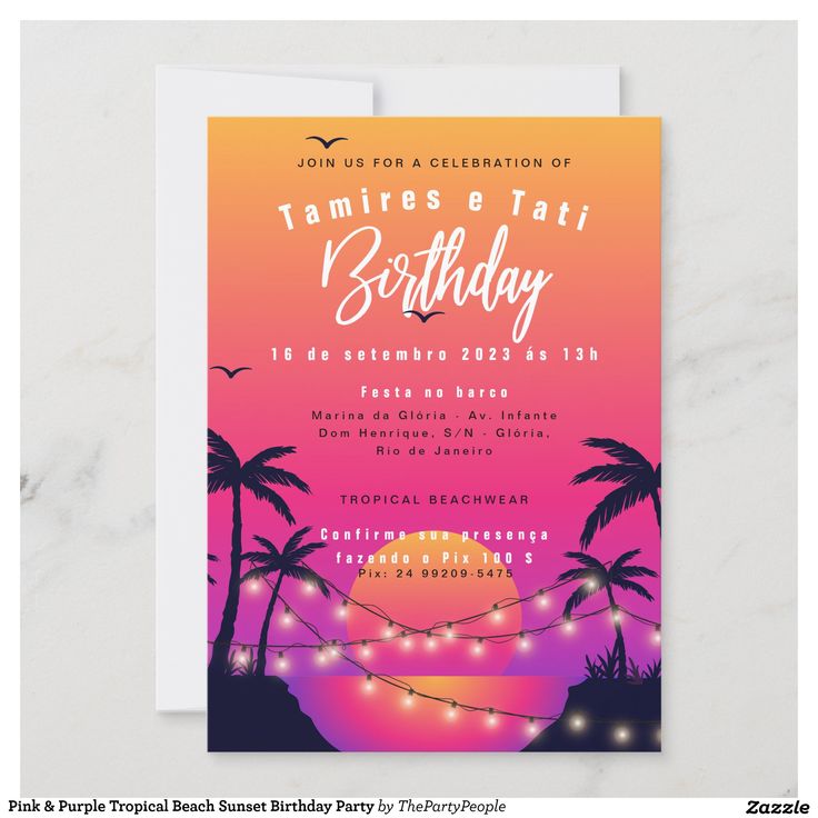 a birthday party card with palm trees and lights on the beach in front of a pink sunset