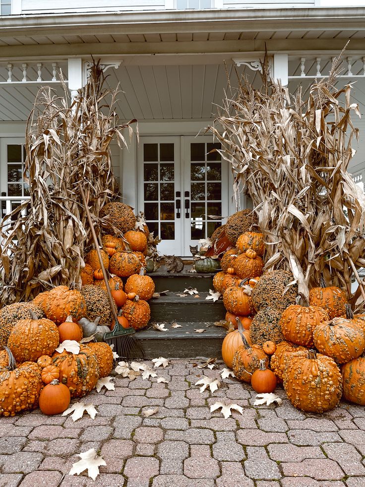 a woman is sitting on the steps surrounded by pumpkins and cornstatches