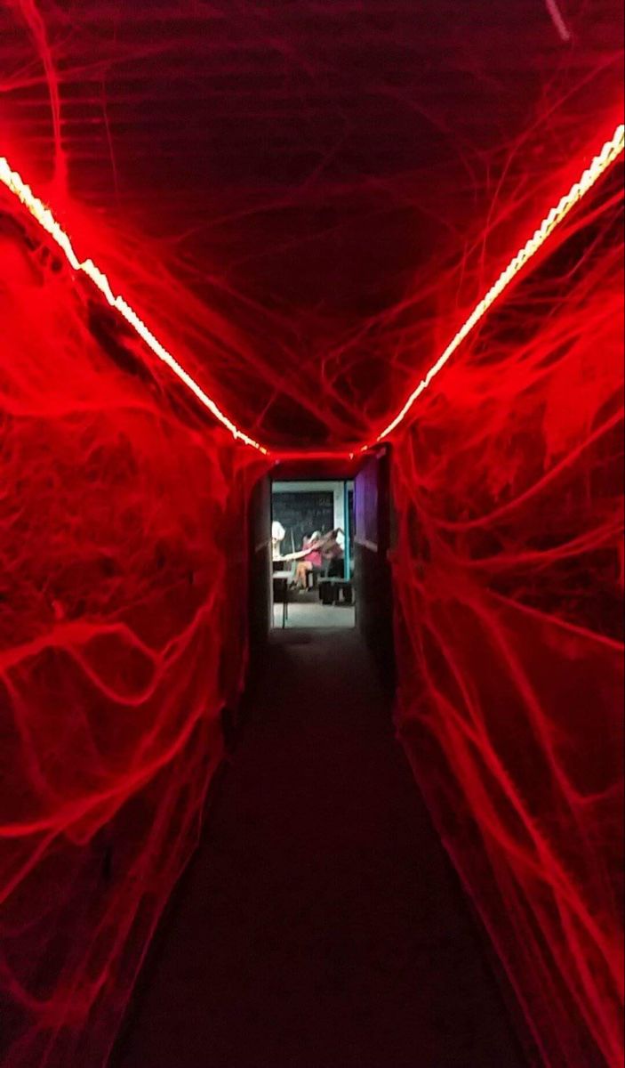 a long tunnel with red lights in the ceiling and some wires running down it's sides