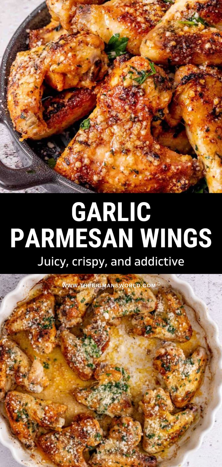 garlic parmesan wings in a cast iron skillet and on a white table