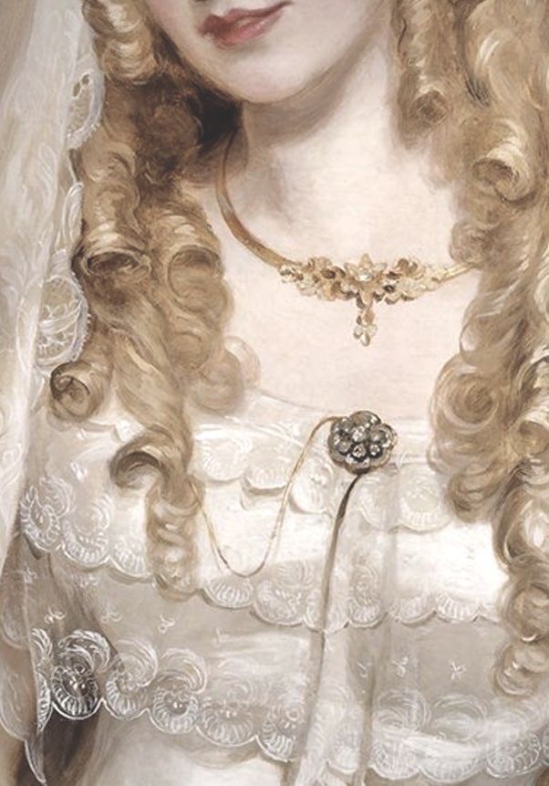 a painting of a woman with long blonde hair wearing a white dress and holding a flower in her left hand