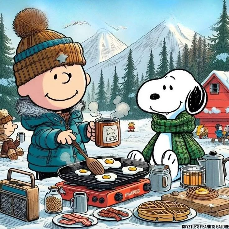 a charlie brown cartoon cooking breakfast in the snow with his dog and friend, snoop