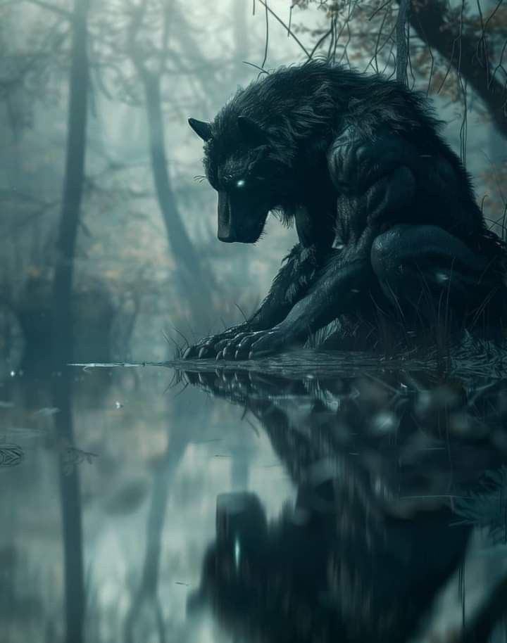 a wolf sitting on the ground next to a body of water with trees in the background