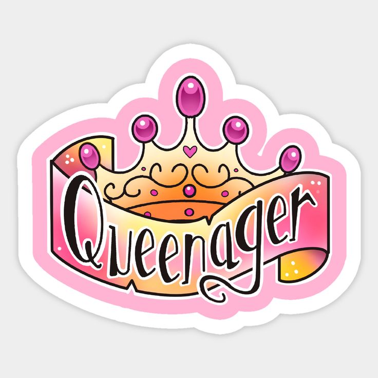 a sticker that says queen with a crown in the middle and pink lettering on it