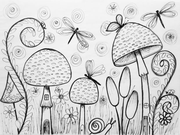 a drawing of mushrooms and dragonflies in the grass