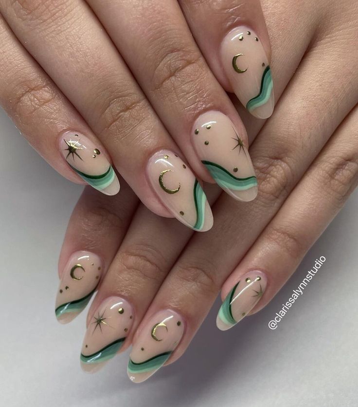 Nail For Boyfriend, Short Almond Nails Boho, Green Nail Art, Green Nail Designs, Summery Nails, Almond Nails Designs, Nails 2023, Nail Styles, Short Acrylic Nails Designs