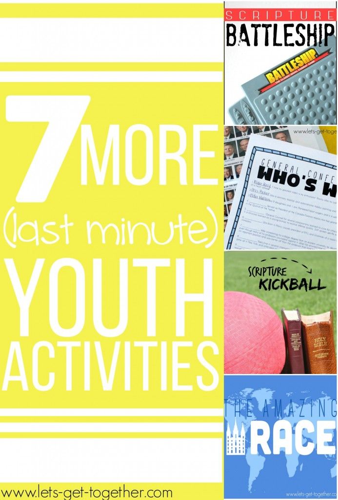 the words 7 more last minute youth activities are in white and yellow with blue letters