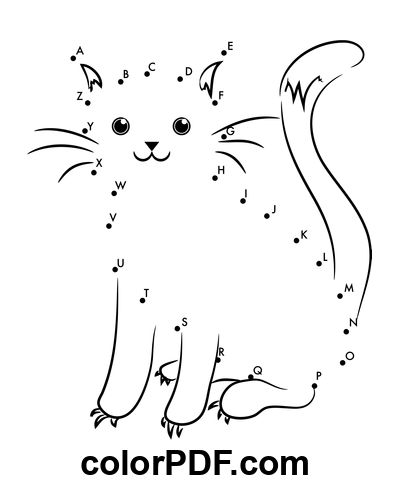 the cat dot to dot coloring page for kids with numbers and letters on it's face