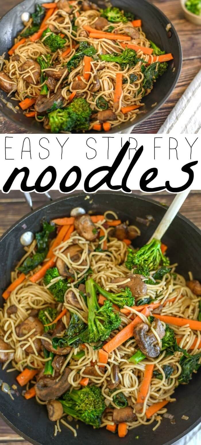 two pictures of noodles and vegetables in a skillet with the words, easy stir fry noodles