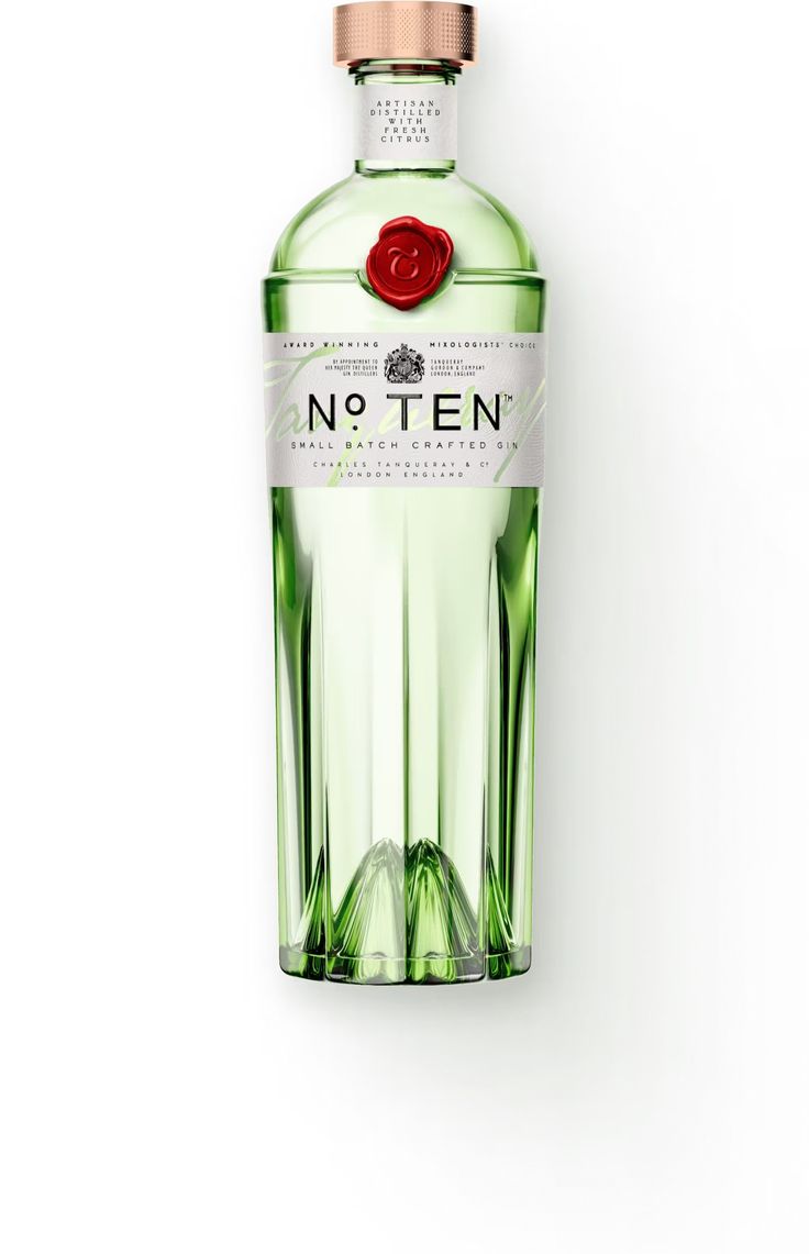 a bottle of no ten gin on a white background with a red rose in the top corner