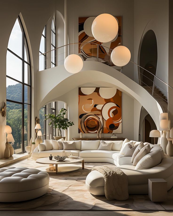 a large living room with high ceilings and huge art work on the wall behind it