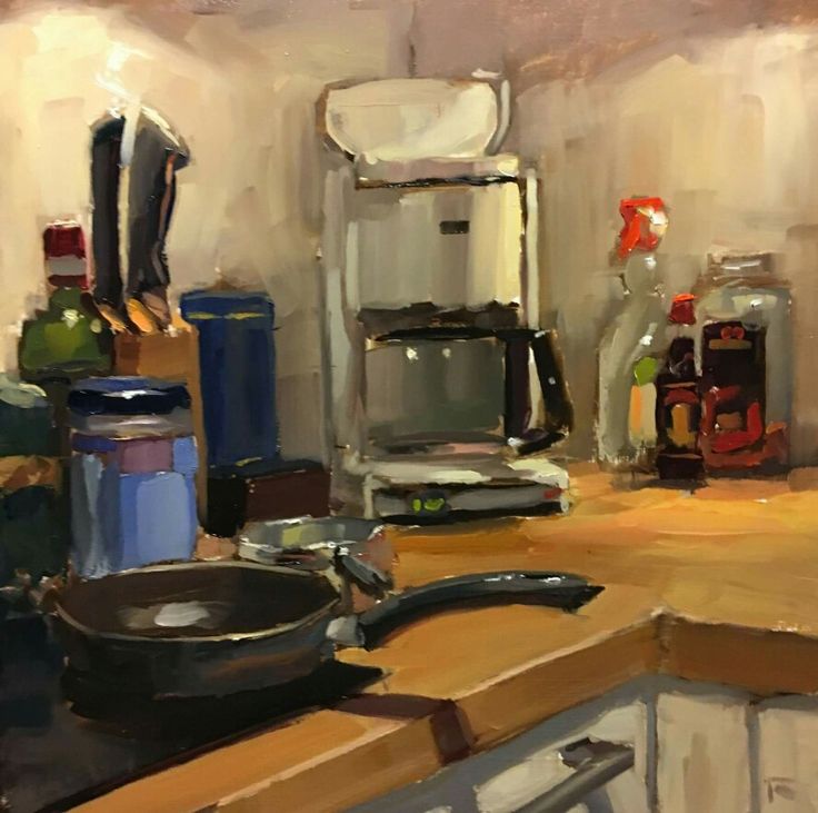 an oil painting of a kitchen counter with cooking utensils