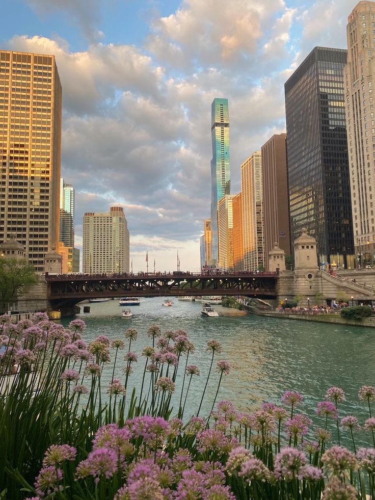 a river with flowers in the foreground and tall buildings on either side, under a cloudy sky