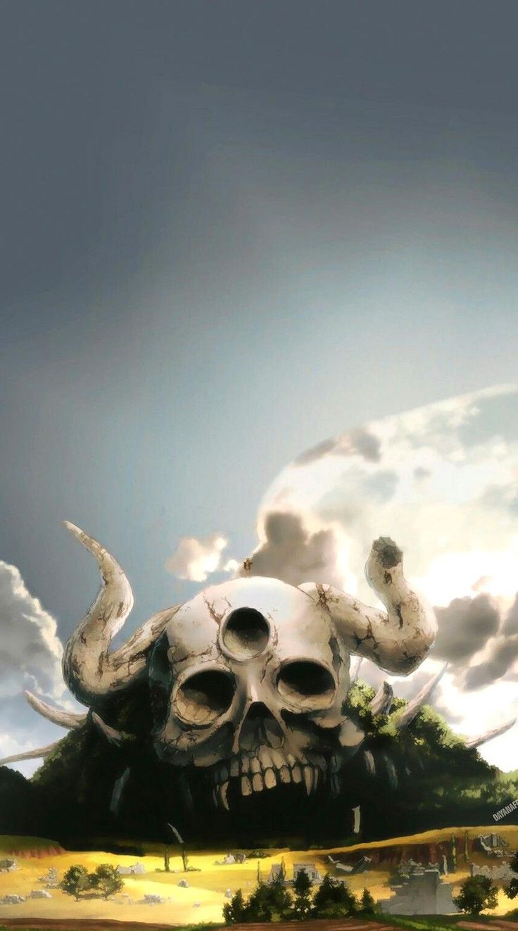 a painting of a large skull in the middle of a field with clouds above it