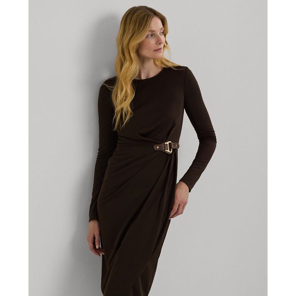 Crafted with smooth stretch jersey for a fluid drape this long-sleeve dress is defined by a faux-leather buckled tab at the waist a wrap-style skirt and a slim-fitting silhouette. Fitted Long Sleeve Belted Dress For Work, Fitted Belted Long Sleeve Dress For Work, Elegant Brown Asymmetrical Midi Dress, Chic Ralph Lauren Midi Dress, Ralph Lauren Long Sleeve Dresses For Workwear, Fall Workwear Draped Midi Dress, Draped Midi Dress For Fall Workwear, Ralph Lauren Long Sleeve Dress For Work, Ralph Lauren Fall Workwear Dresses