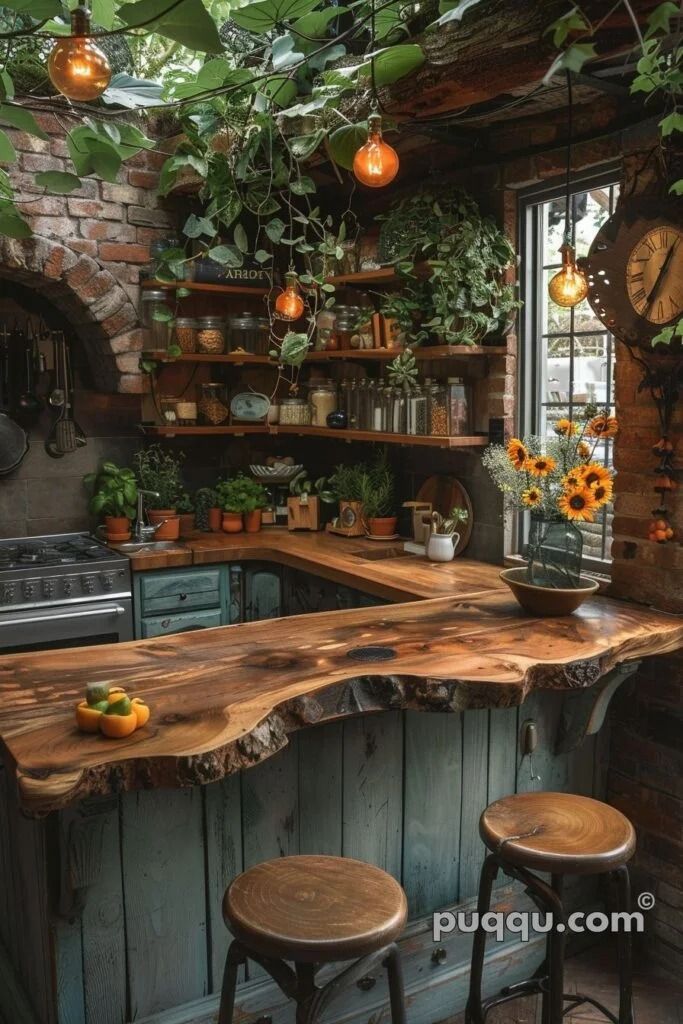 a kitchen with an island made out of wooden planks and potted plants hanging from the ceiling