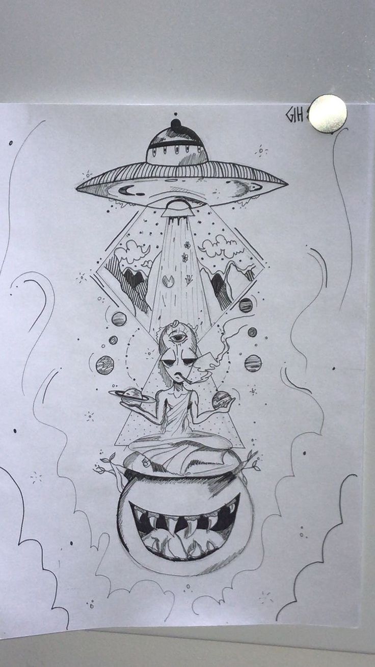 a drawing of an alien flying through the sky above a bowl with food in it