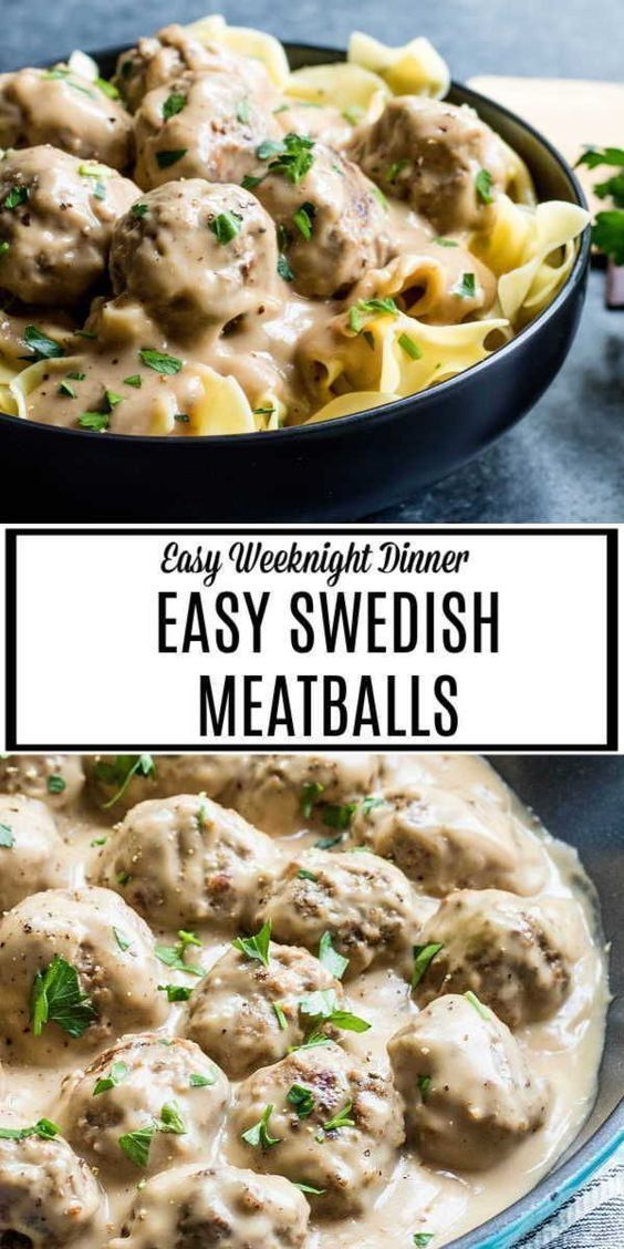 swedish meatballs with gravy sauce in a skillet and on a plate